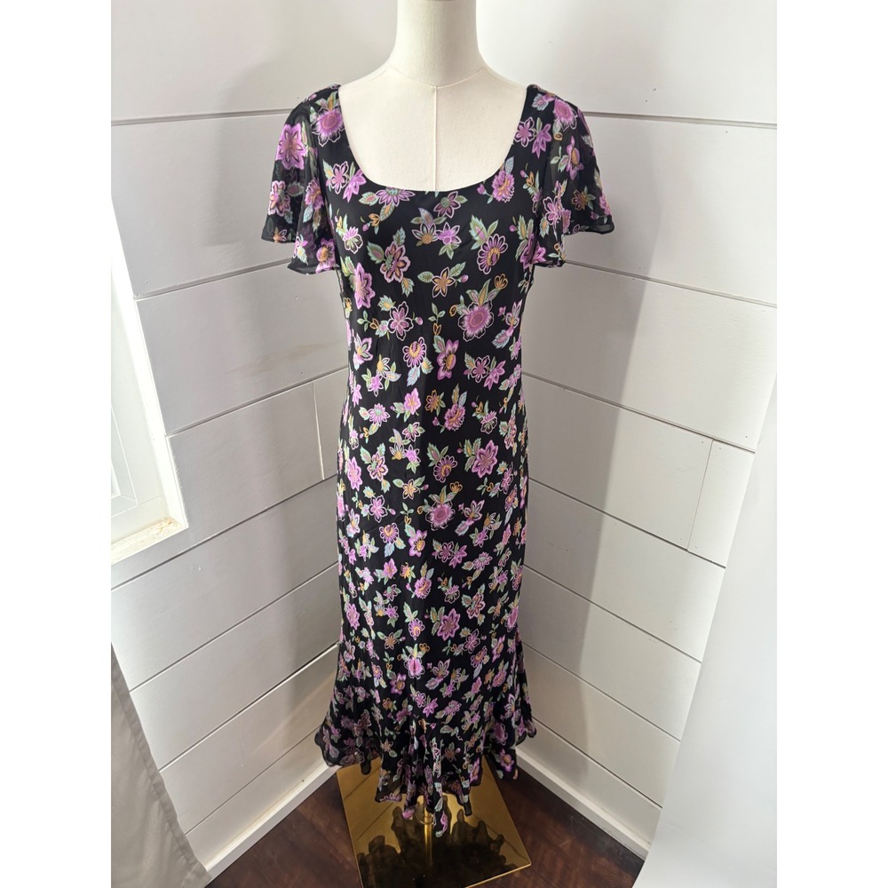 Chadwicks Silk Maxi Dress Womens 10 Black Purple Floral Excellent Ruffle Flutter